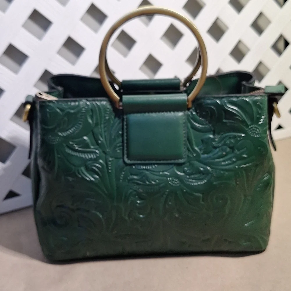 NWT Patricia Nash Empoli Burnished Tooled Leather Green Satchel Crossbody Bag
